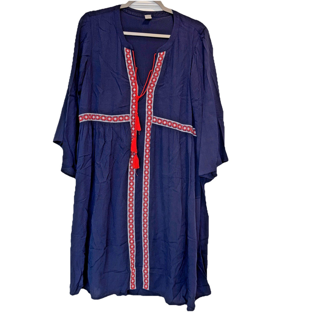 Old Navy Tassel Tie Embroidered Boho Pullover Blue Orange Tunic Dress Medium